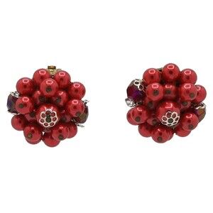 VTG 50s Signed Japan Red Cluster Beaded Gold Tone Filigree Caps Clip On Earrings